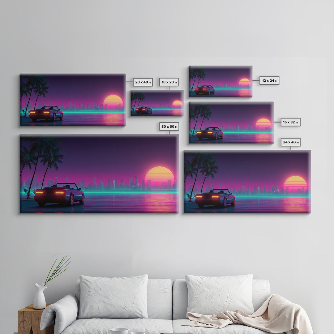 Retro Futuristic Cityscape With Classic Car Neon Colors Digital Art Canvas Print For Living Room Wall Art