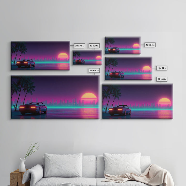 Retro Futuristic Cityscape With Classic Car Neon Colors Digital Art Canvas Print For Living Room Wall Art