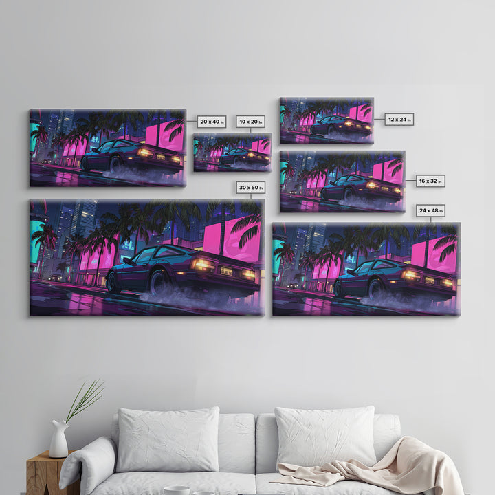 Retro Futurism DeLorean Car In Neon Cityscape Night Urban Wall Art Modern Canvas Print For Office Decor