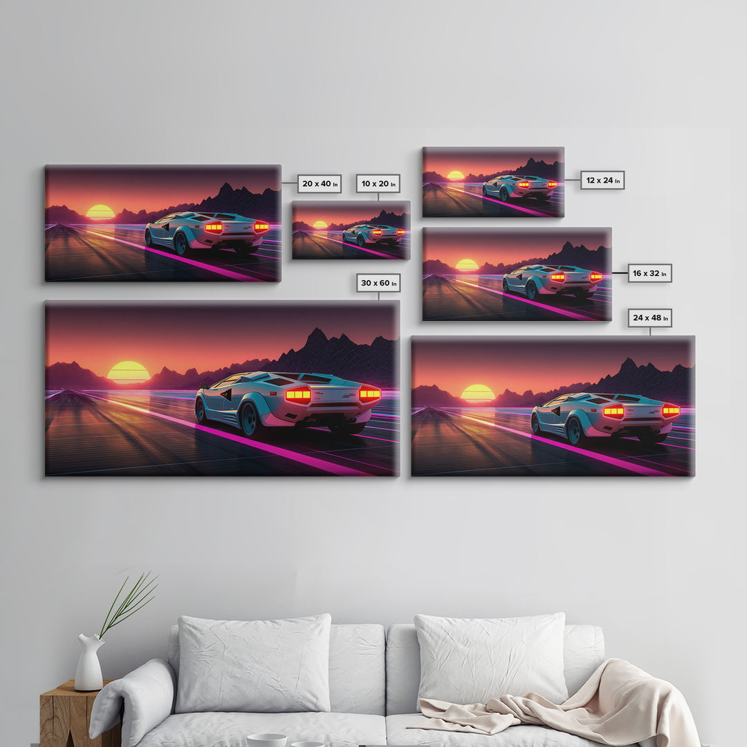 Retro Futuristic Sunset With Sports Car Driving Down Neon Highway Wall Art Print Modern Home Decor Canvas
