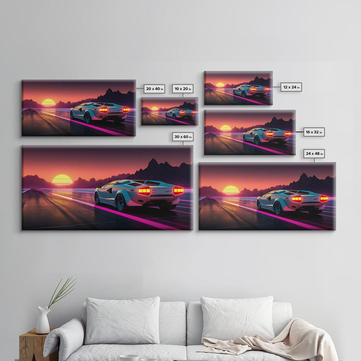 Retro Futuristic Sunset With Sports Car Driving Down Neon Highway Wall Art Print Modern Home Decor Canvas