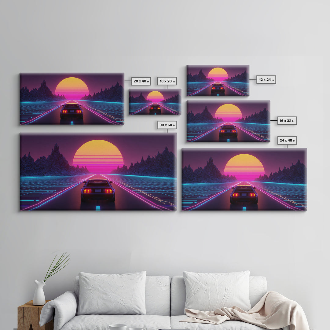 Retro Futuristic DeLorean Car Driving Toward Neon Digital Sun Synthwave Landscape Canvas Print Modern Wall Art For Office Decor