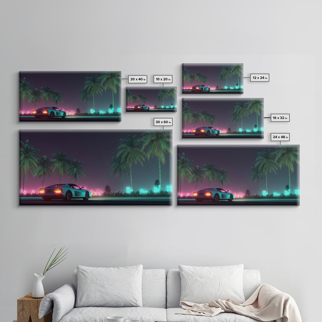 Retro Futuristic Car Neon Night Scene With Palm Trees And City Lights Canvas Print Modern Wall Art For Living Room Decor