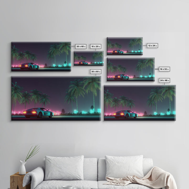 Retro Futuristic Car Neon Night Scene With Palm Trees And City Lights Canvas Print Modern Wall Art For Living Room Decor