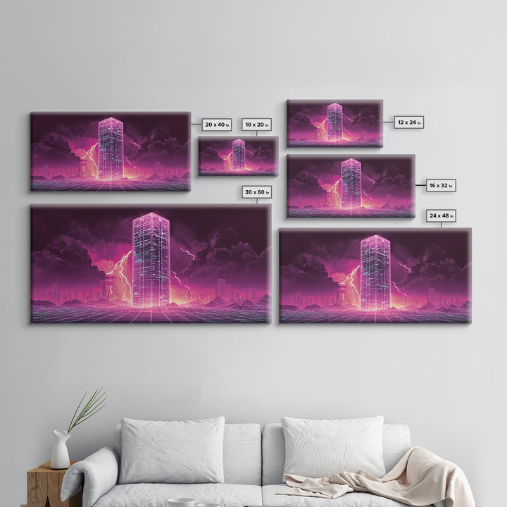 Vibrant Cyberpunk Neon Cityscape With Lightning Night Sky Retro Futuristic Wall Art High Quality Canvas Print
