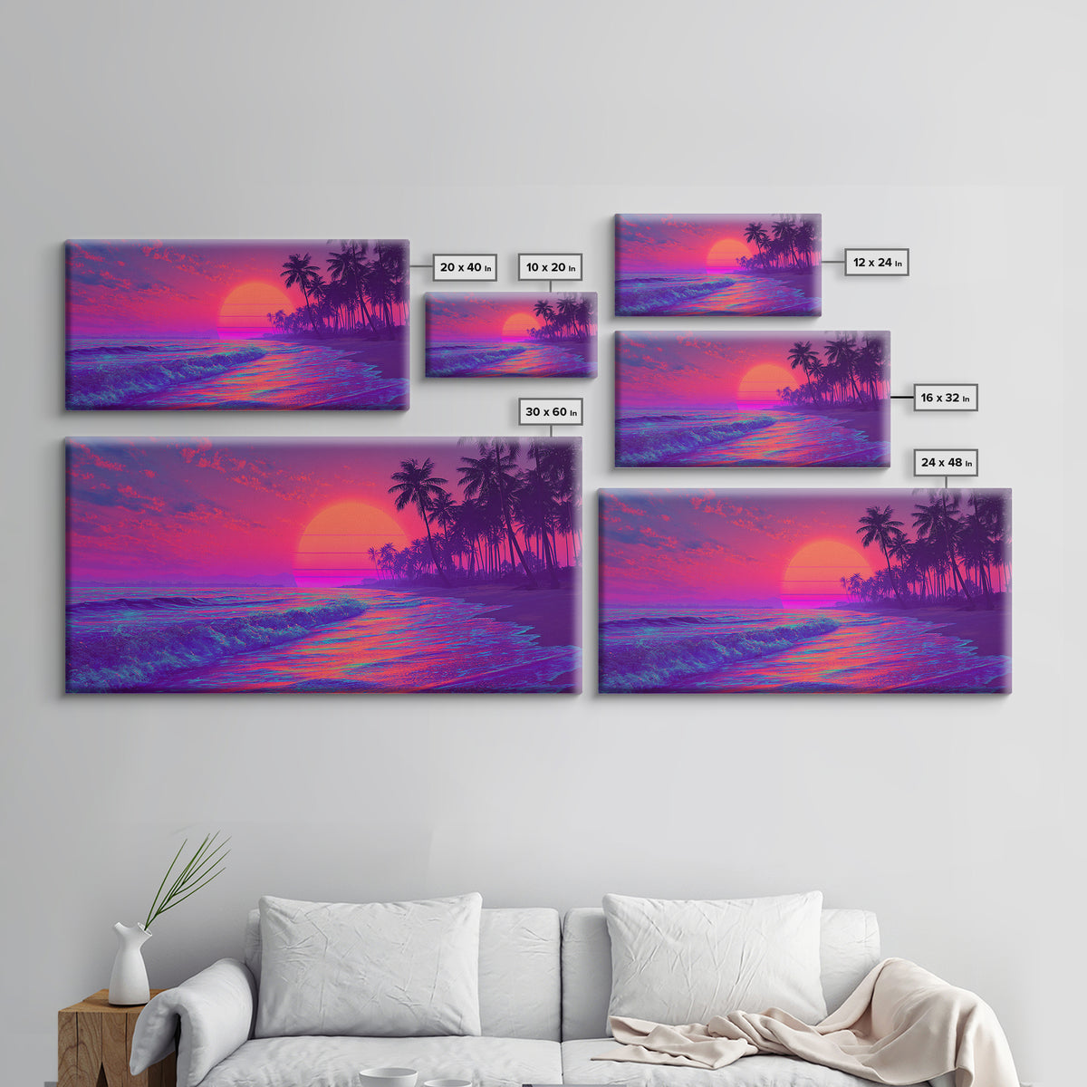 Vibrant Neon Sunset Beach Scene Wall Art With Palm Trees And Pink Purple Sky Canvas Print For Tropical Home Decor