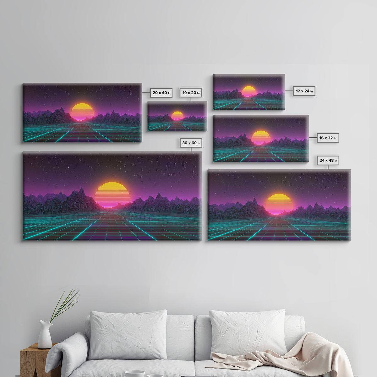 Retro Futuristic Neon Sunrise Over Wireframe Mountain Landscape Digital Artwork Canvas Print Wall Art for Modern Room Decor