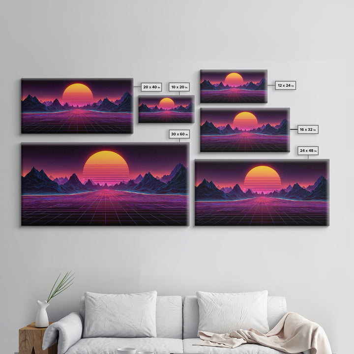 Retro Futuristic Synthwave Landscape With Neon Sun Canvas Print Wall Art For Modern Aesthetic Decor
