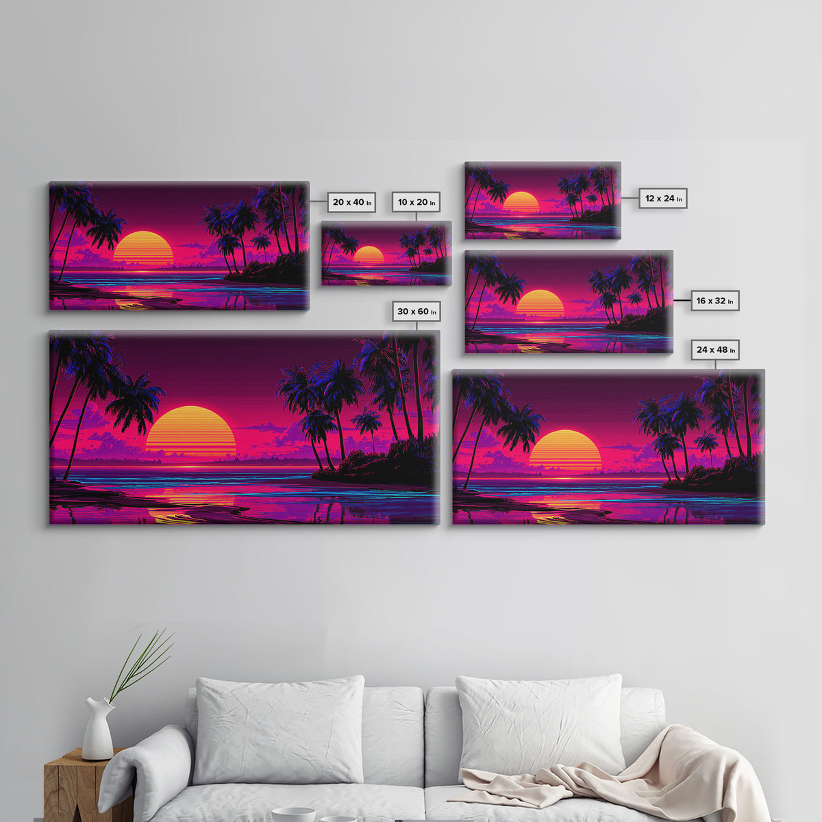 80s Retro Sunset Over Tropical Beach With Palm Trees Vibrant Neon Colors Canvas Print Framed Wall Art Large Wall Art For Living Room