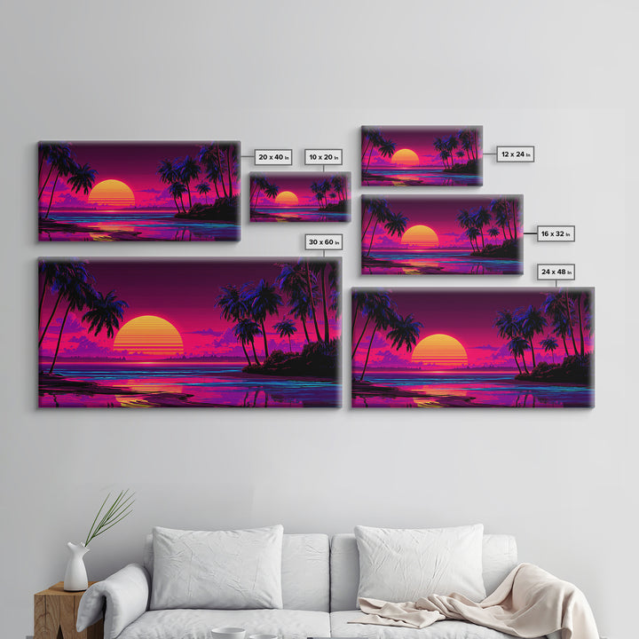 80s Retro Sunset Over Tropical Beach With Palm Trees Vibrant Neon Colors Canvas Print Framed Wall Art Large Wall Art For Living Room