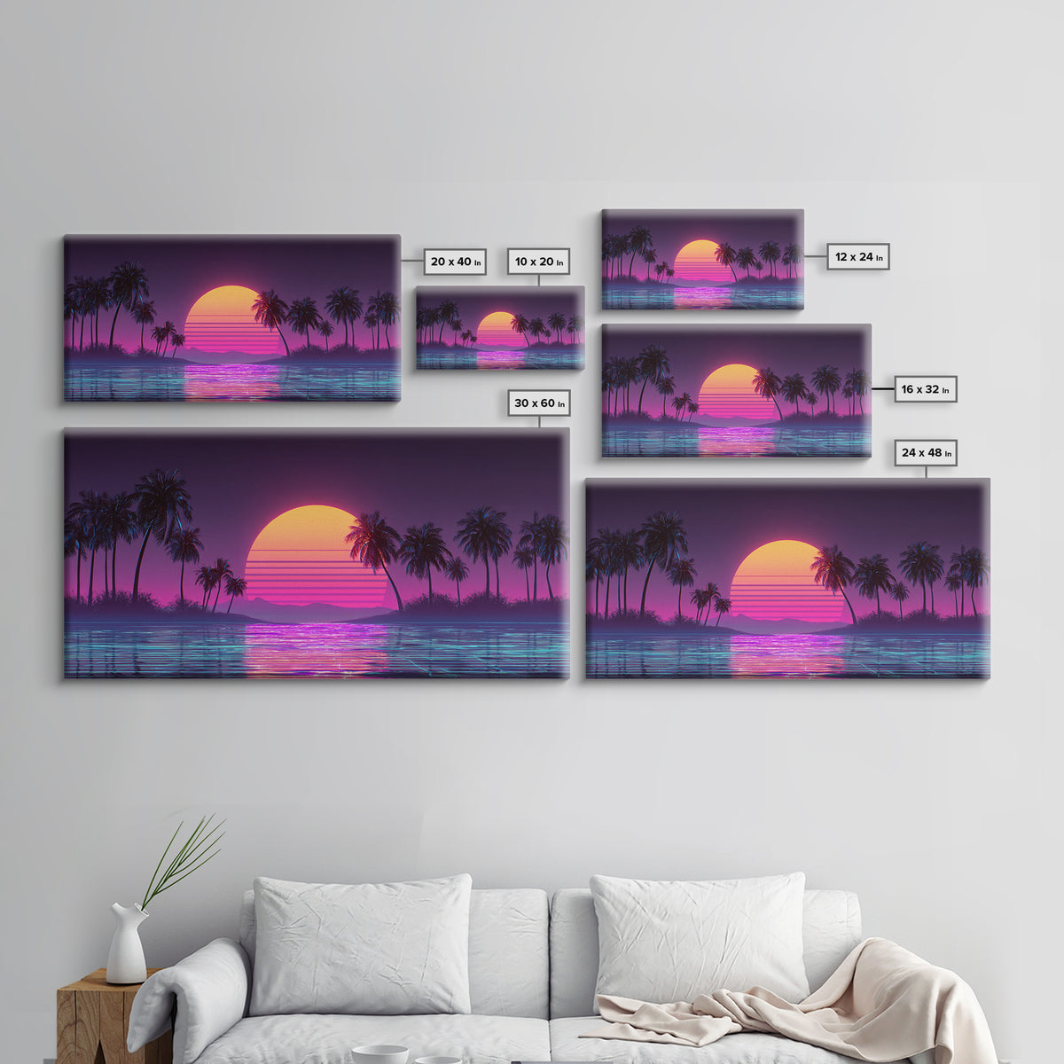 Retro Sunset Beach Scene With Palm Trees And Reflective Water Canvas Print Vibrant Coastal Wall Art
