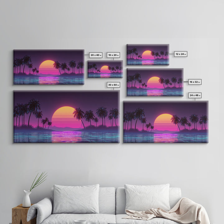 Retro Sunset Beach Scene With Palm Trees And Reflective Water Canvas Print Vibrant Coastal Wall Art
