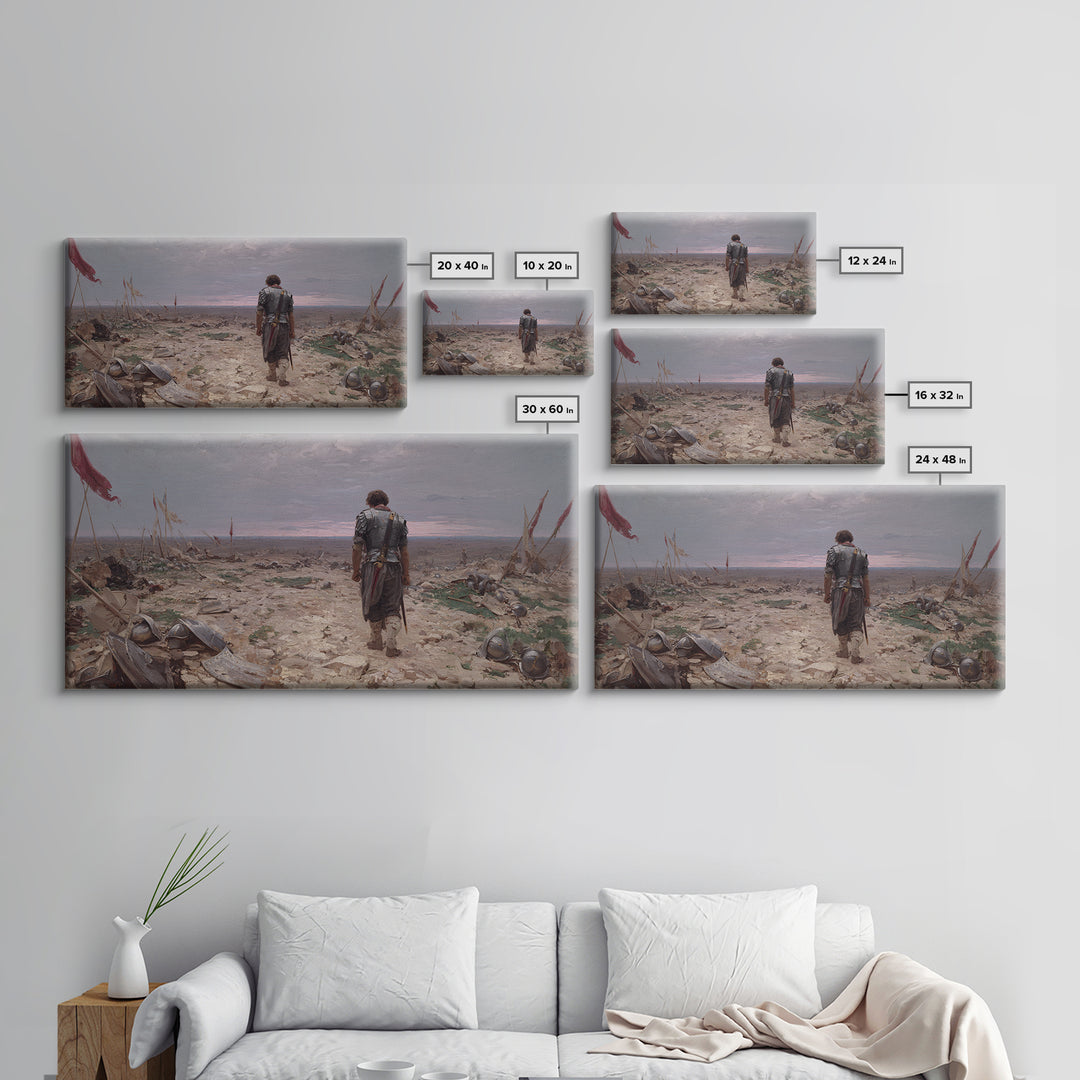 Lone Knight Walking Through Battlefield Wall Art, Medieval Landscape Canvas Print, Dark Academia Office Decor, Gift For Him