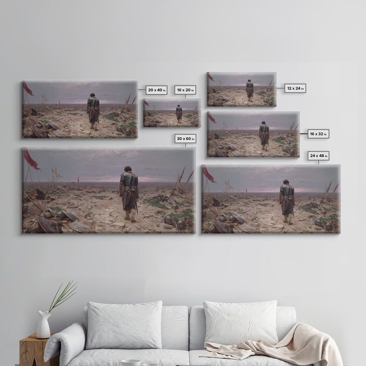 Lone Knight Walking Through Battlefield Wall Art, Medieval Landscape Canvas Print, Dark Academia Office Decor, Gift For Him