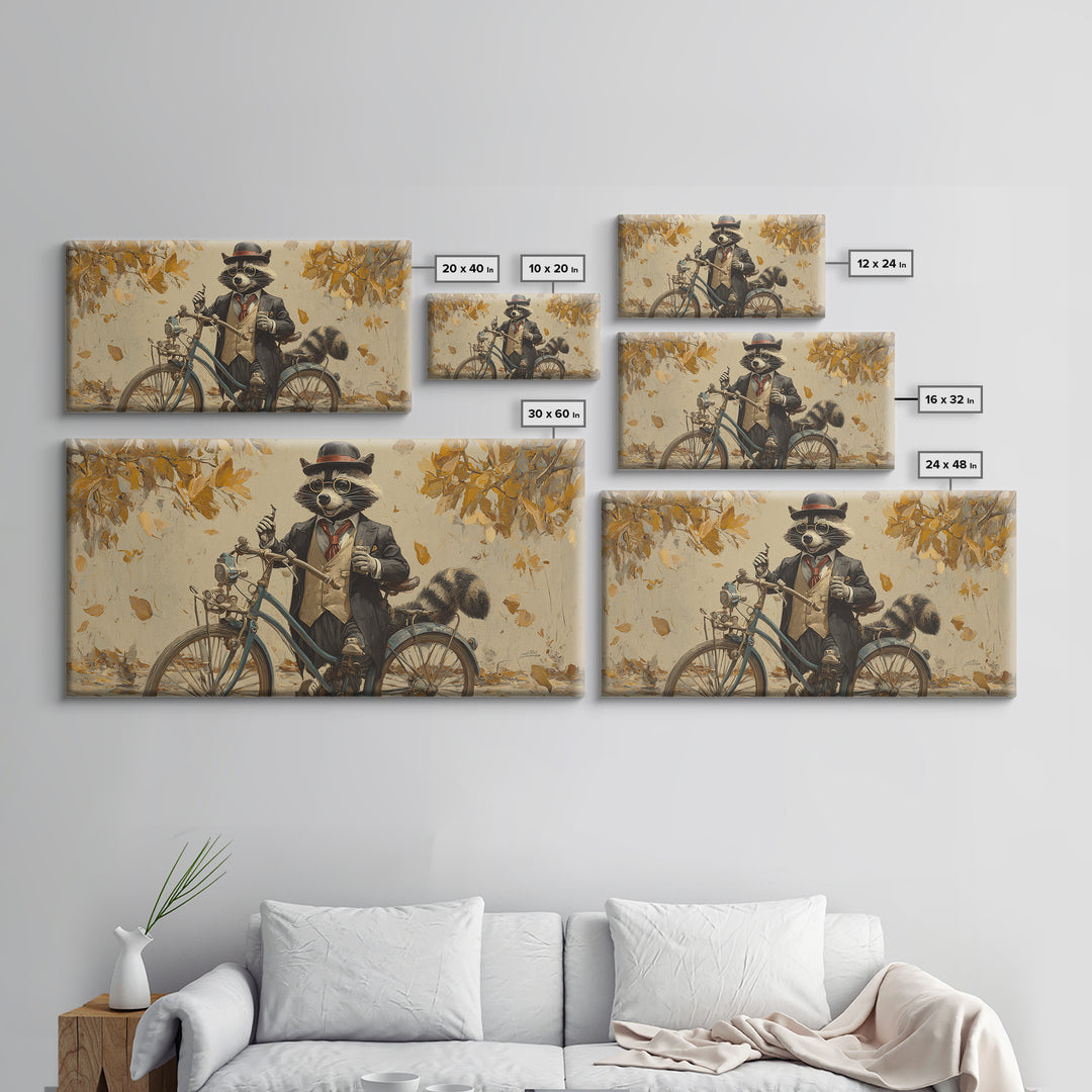 Raccoon Riding Bicycle In Autumn Leaves Wall Art, Whimsical Animal Decor, Funny Woodland Nursery Art, Gift For Her, Kids Room Decor