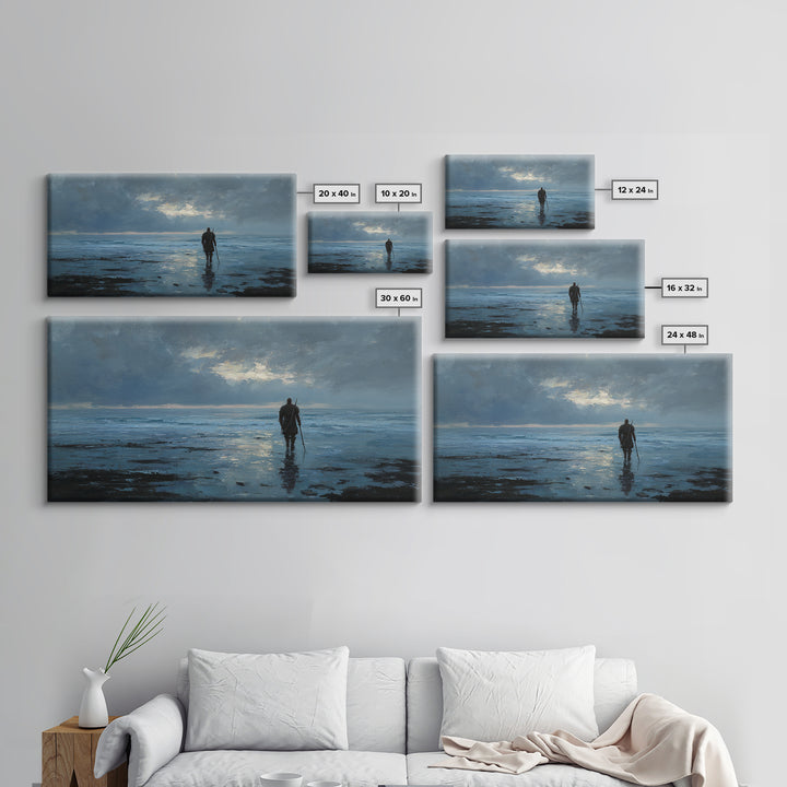 Lone Warrior Wading Through Blue Seascape Wall Art, Moody Ocean Canvas Print For Bedroom Decor And Masculine Office Decor