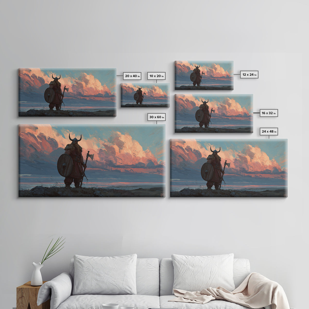 Horned Viking At Sunset Over Fjord Canvas Print, Nordic Landscape Wall Decor, Western Rustic Home Decor, Masculine Art Gift