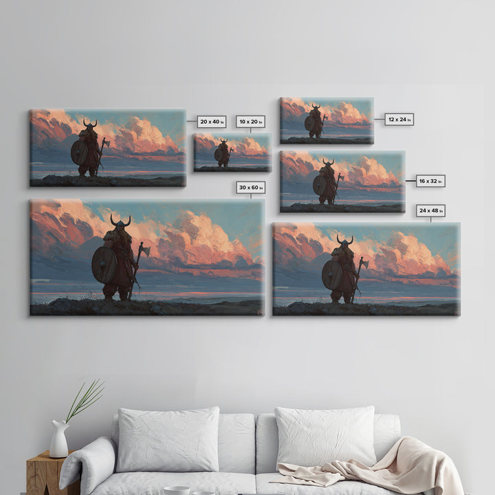 Horned Viking At Sunset Over Fjord Canvas Print, Nordic Landscape Wall Decor, Western Rustic Home Decor, Masculine Art Gift