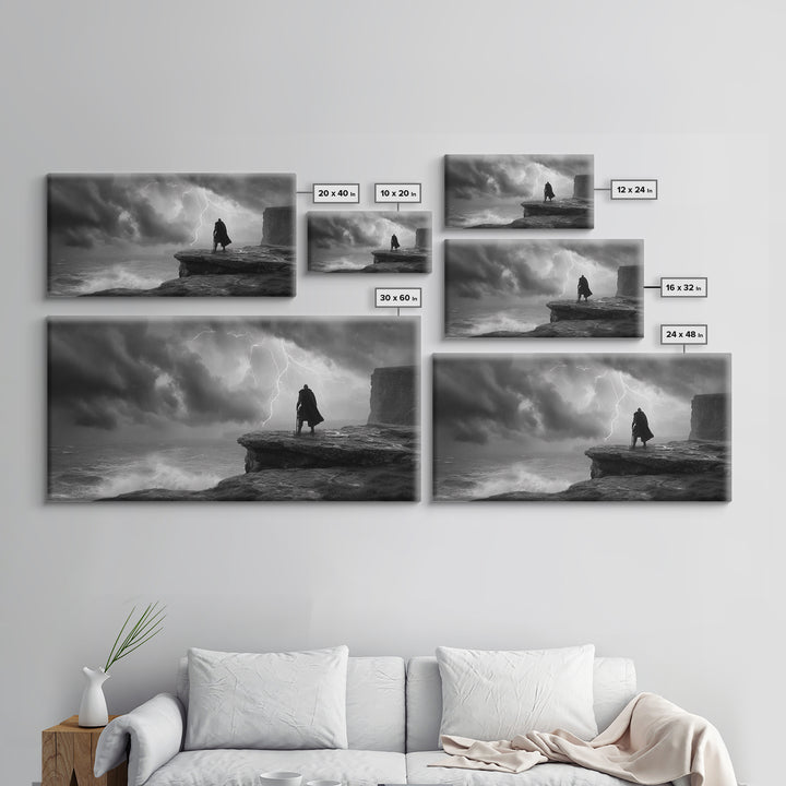 Dark Warrior On Stormy Sea Cliff Wall Art, Black And White Art, Gothic Wall Art, Moody Seascape, Masculine Office Decor