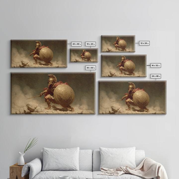 Golden Spartan Warrior With Round Shield Canvas Print, Ancient Greek Wall Art, Mythological Battle Decor For Masculine Office