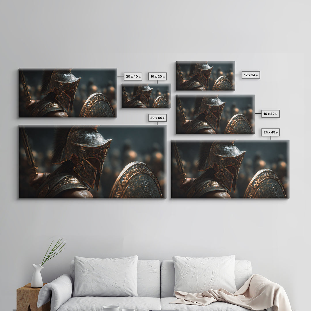 Bronze Spartan Soldier With Shield Framed Canvas Print, Ancient Greek Wall Art, Gladiator Decor, Masculine Office Poster