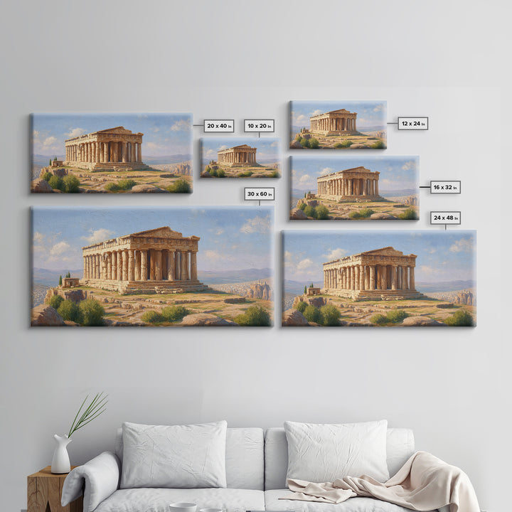 Sunlit Greek Temple Parthenon Wall Art, Ancient Architecture Painting, Mediterranean Landscape, Classic Home Decor Print