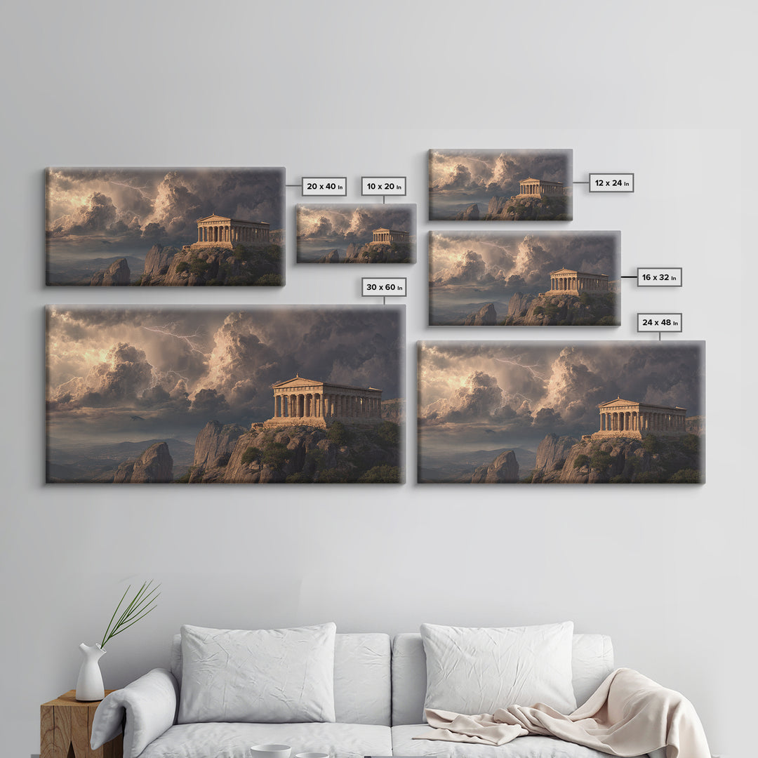 Ancient Greek Temple Storm Over Mountain Cliffs Wall Art, Mythological Landscape, Greece Decor, Dramatic Fine Art Print Poster