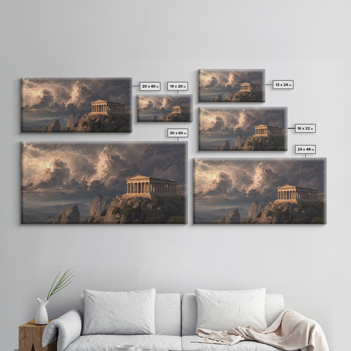 Ancient Greek Temple Storm Over Mountain Cliffs Wall Art, Mythological Landscape, Greece Decor, Dramatic Fine Art Print Poster