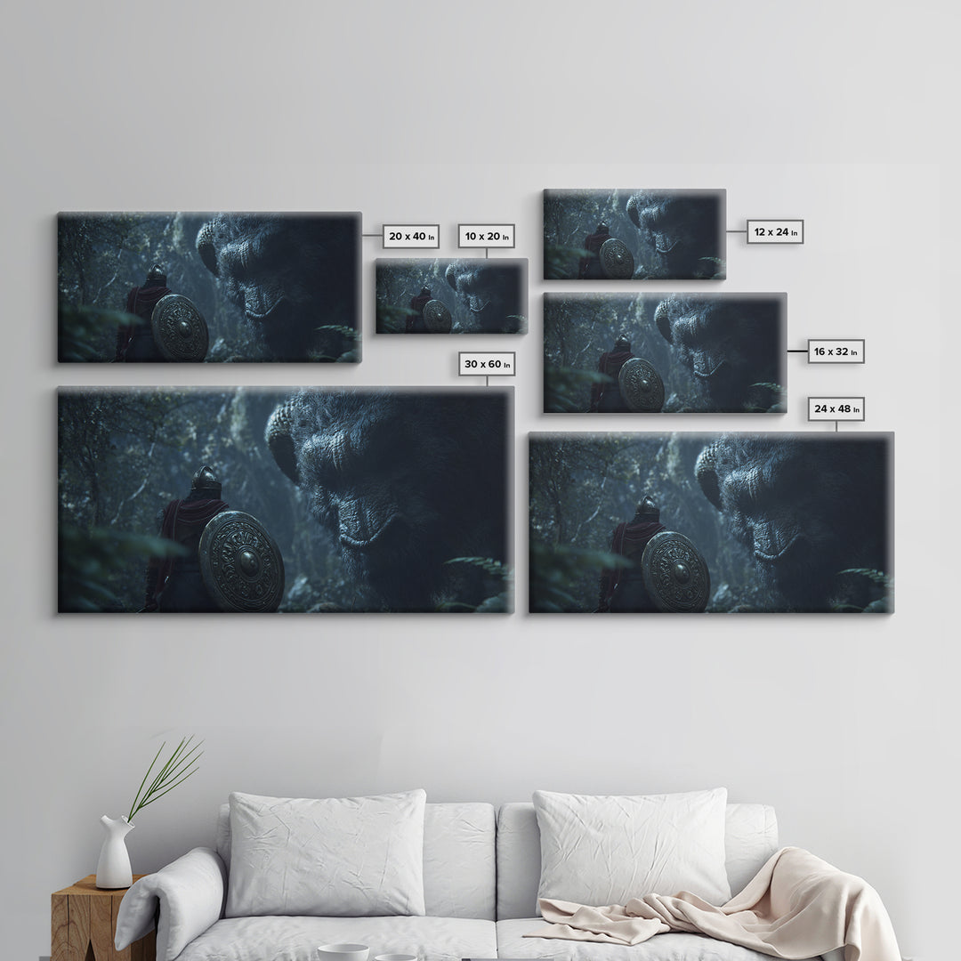 Armored Warrior Facing Giant Forest Bear Framed Canvas Print, Fantasy Art, Animal Wall Art, Dark Wall Art, Unique Gift, Home Decor