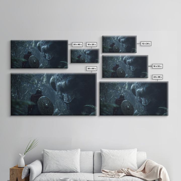 Armored Warrior Facing Giant Forest Bear Framed Canvas Print, Fantasy Art, Animal Wall Art, Dark Wall Art, Unique Gift, Home Decor