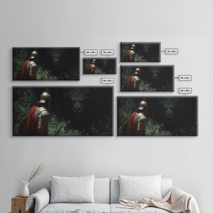Dark Warrior Facing Bear Framed Canvas Print, Mythic Fantasy Wall Art, Gothic Forest Living Room Decor, Gift For Him, Man Cave
