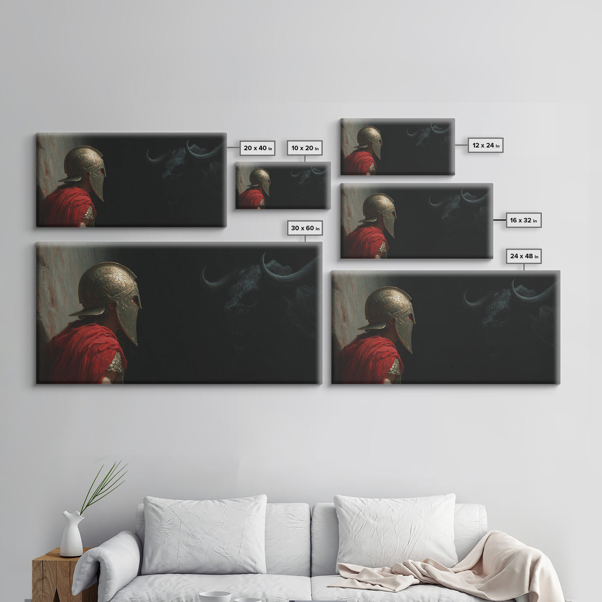 Helmeted Hero Facing Shadow Bull Framed Canvas Print, Mythological Wall Art, Dark Fantasy Decor, Greek Myth Gift For Him