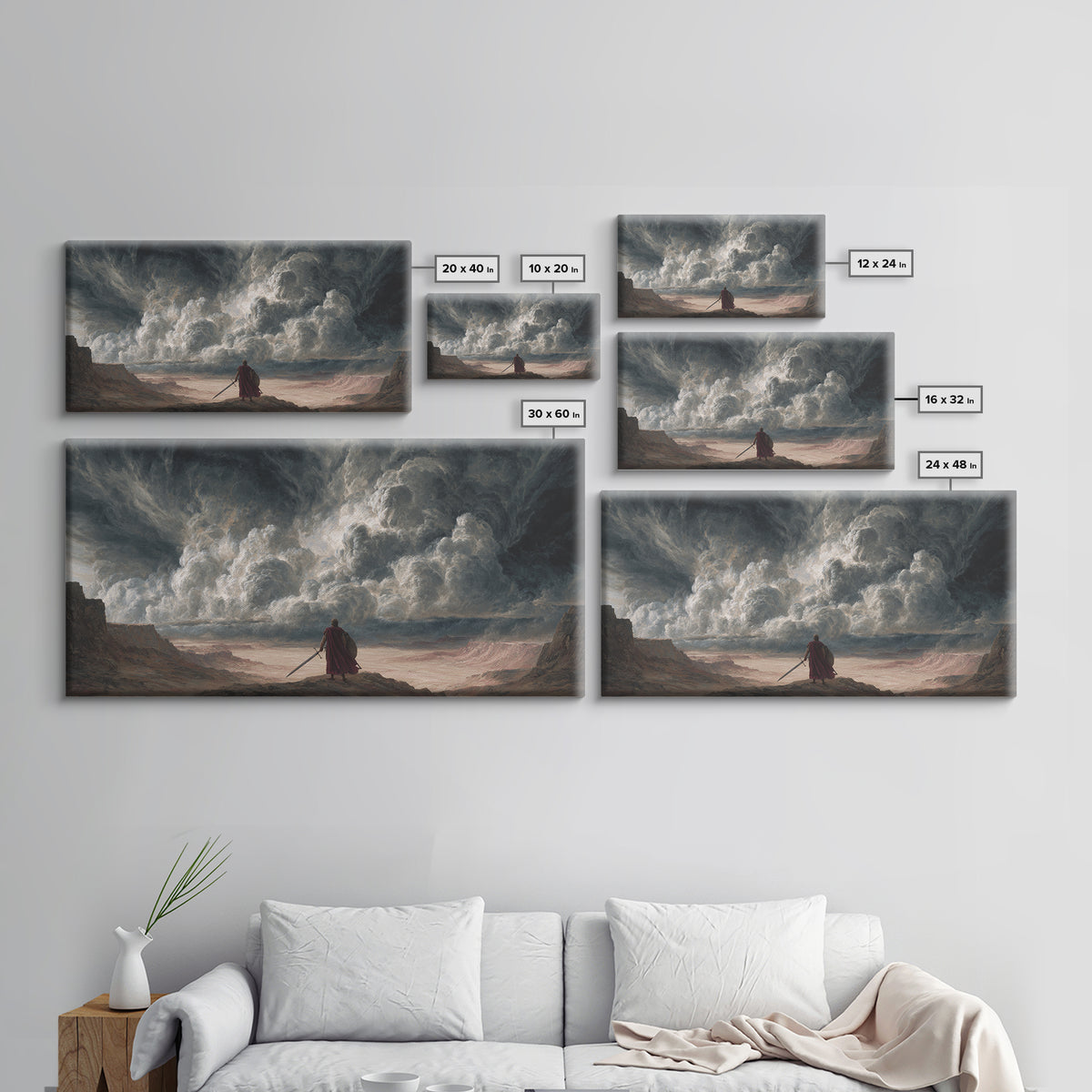 Solitary Warrior Beneath Apocalyptic Storm Canvas Print, Epic Fantasy Wall Art, Dramatic Landscape Decor For Living Room