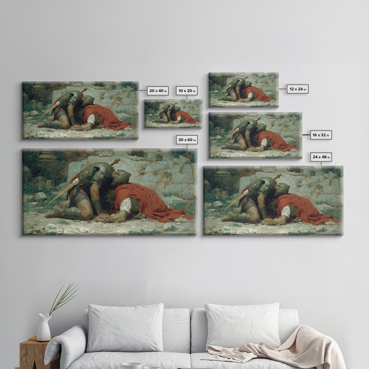 Fallen Knight Mourning In Ruins Wall Art, Medieval Tragedy Canvas Print, Historical Warrior Decor For Living Room And Office