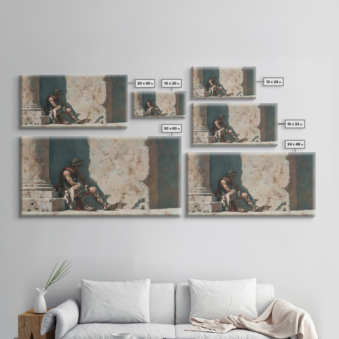 Resting Roman Gladiator In Sunlit Stone Hall Wall Art, Historical Warrior Framed Canvas Print For Classical Home Decor Gift