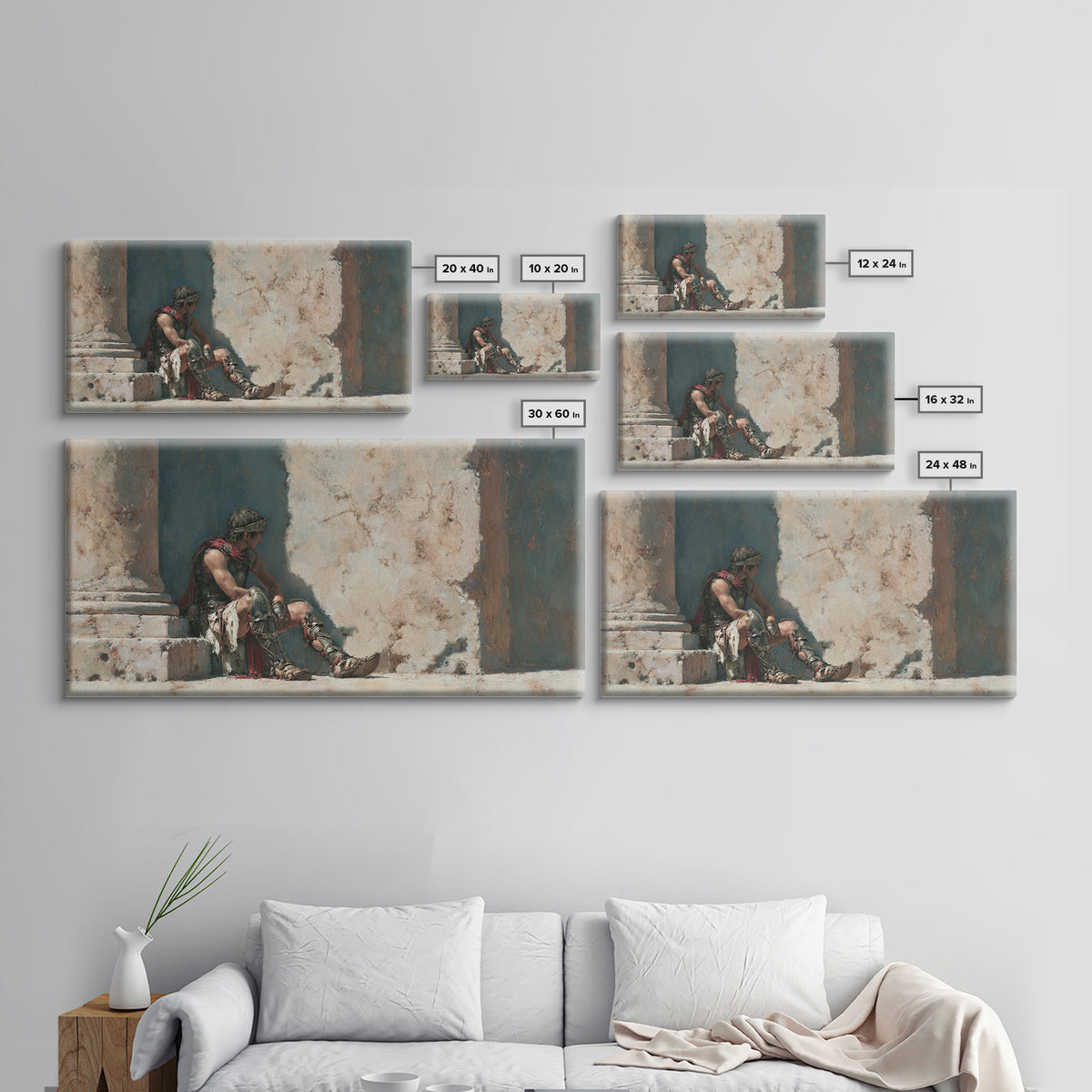Resting Roman Gladiator In Sunlit Stone Hall Wall Art, Historical Warrior Framed Canvas Print For Classical Home Decor Gift