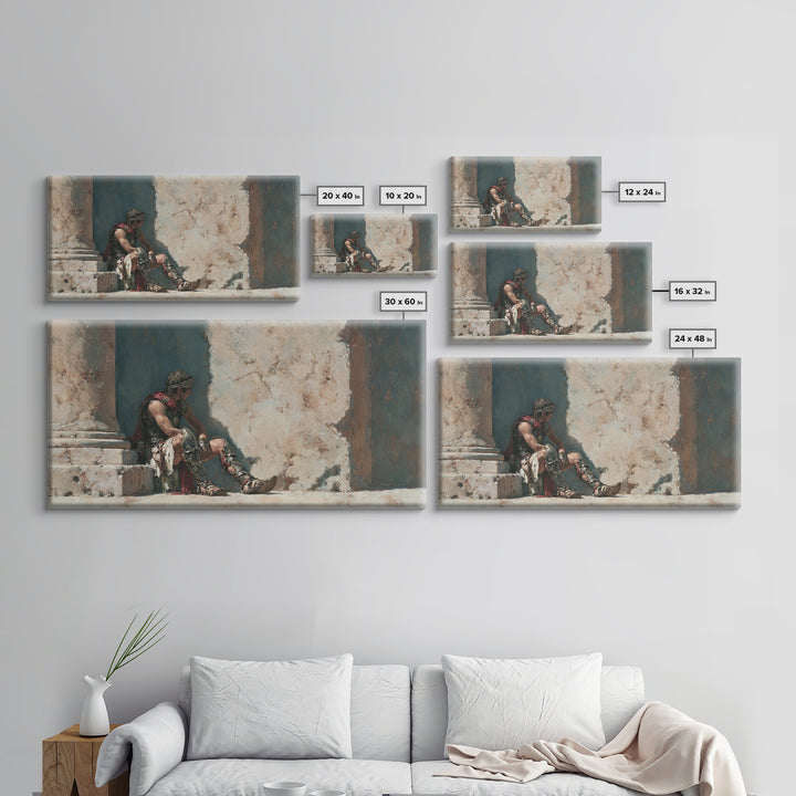 Resting Roman Gladiator In Sunlit Stone Hall Wall Art, Historical Warrior Framed Canvas Print For Classical Home Decor Gift