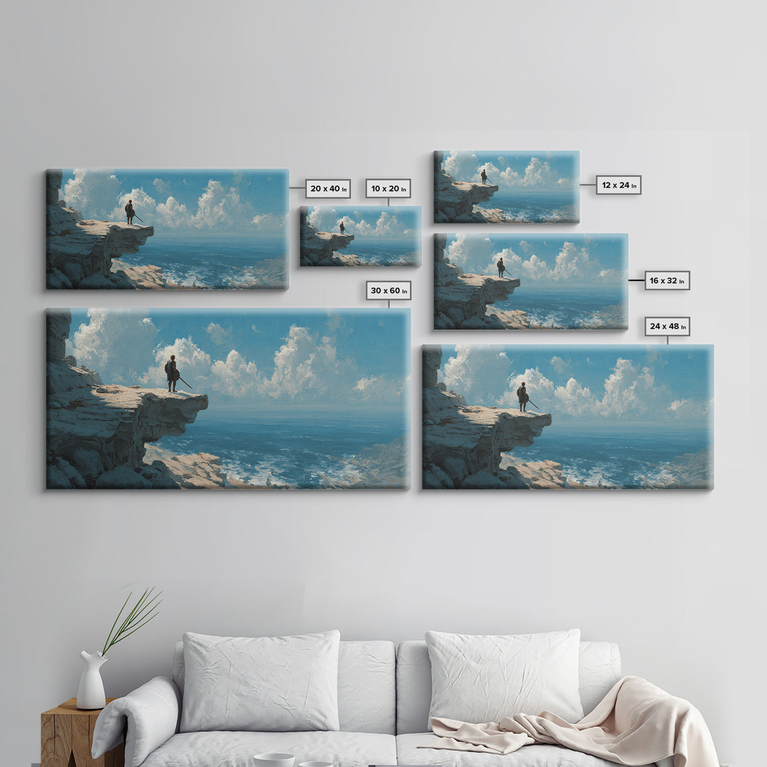 Heroic Warrior Facing Ocean Cliffs Under Cloudscape Landscape Wall Art Canvas Print Epic Adventure Outdoor Painting Decor