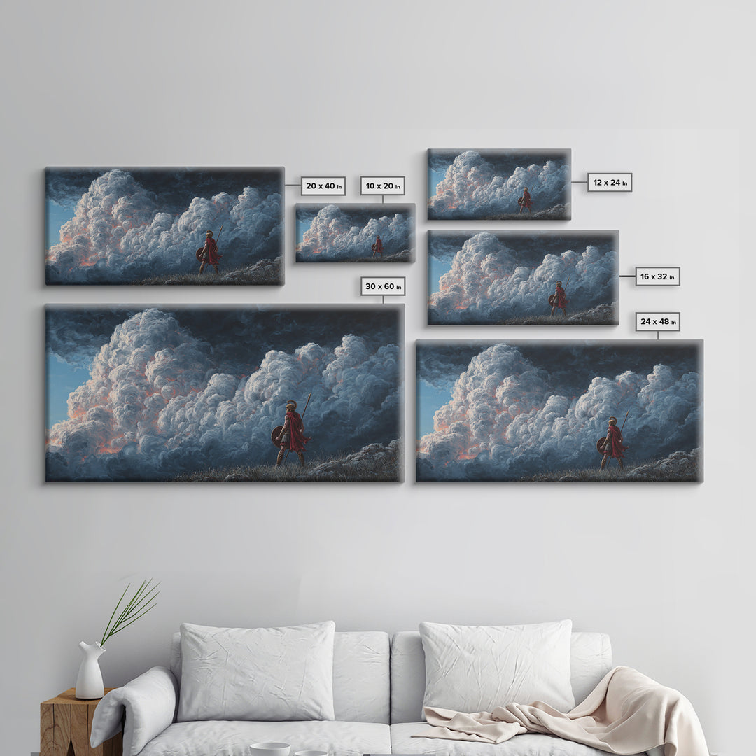 Small Warrior Before Towering Storm Clouds Wall Art, Dramatic Fantasy Canvas Print For Kids Room Decor And Moody Home Decor