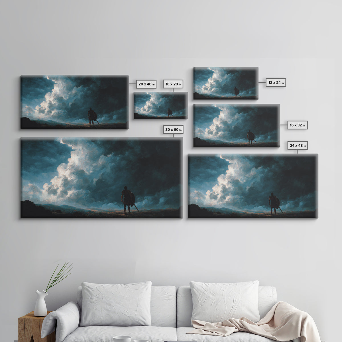 Lone Warrior Beneath Storm Clouds Canvas Print, Moody Landscape Wall Art, Dark Fantasy Decor, Masculine Office Art, Gift For Him
