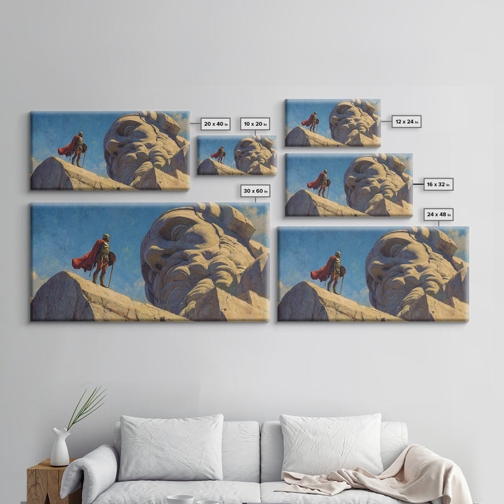 Knight Beside Giant Ancient Statue Wall Art, Epic Fantasy Landscape, Medieval Canvas Decor, Dramatic Office Art Print For Living Room