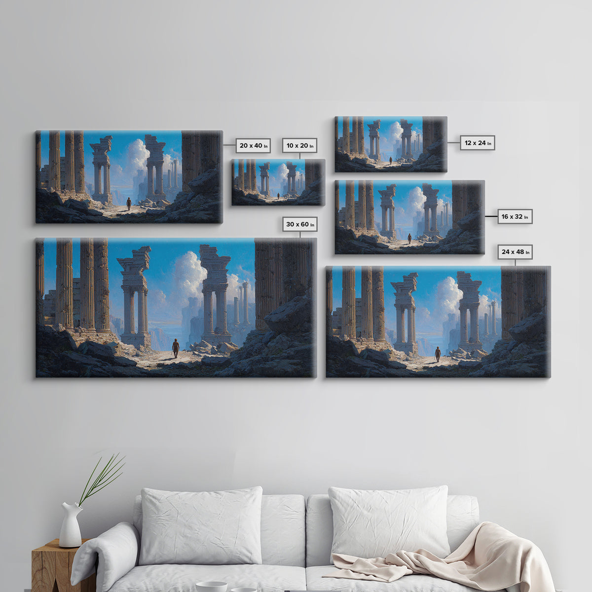 Ancient Ruins With Lone Wanderer Wall Art, Fantasy Landscape Print, Epic Temple Decor, Blue Adventure Canvas, For Living Room Decor