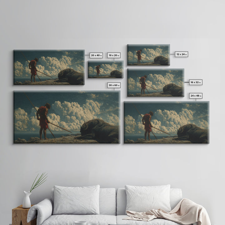 Ancient Spear Hunter And Bison Wall Art, Mythological Warrior Painting, Rustic Wildlife Decor, Epic Fantasy Home Decor Gift