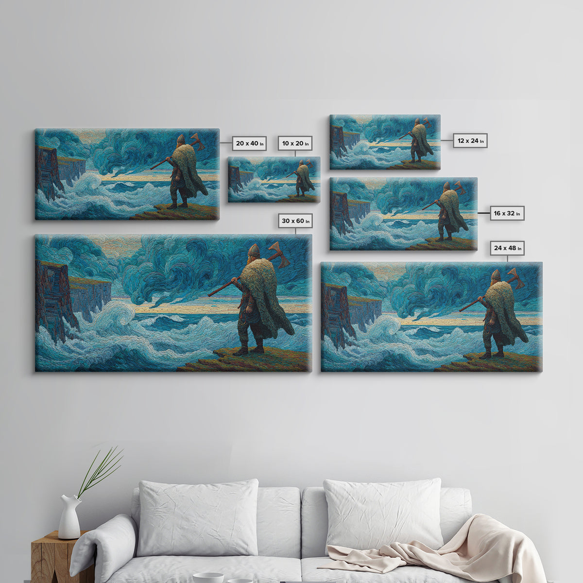 Viking Warrior Facing Blue Storm Waves Wall Art, Nautical Art, Fantasy Art, Textured Wall Art, Ocean Wall Art, Coastal Decor