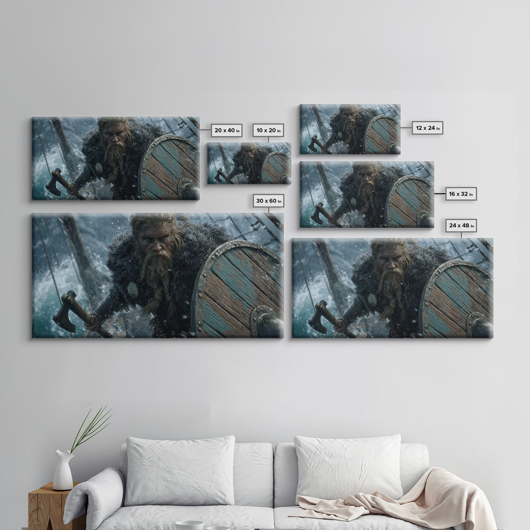 Dramatic Viking Warrior With Beard Holding Axe And Wooden Shield Battle Scene Wall Art Canvas Print