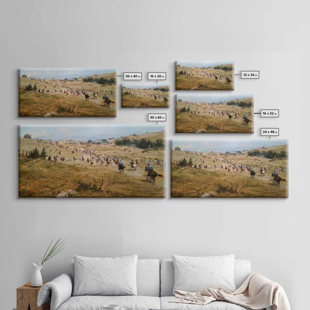 Cavalry Charge Across Rolling Hills Wall Art, Historical Battle Canvas Print For Rustic Living Room Decor And Office Decor