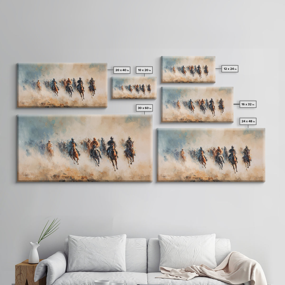 Galloping Horse Riders In Dust Canvas Print, Western Wall Art, Abstract Landscape, Rustic Ranch Decor, Gift For Horse Lover