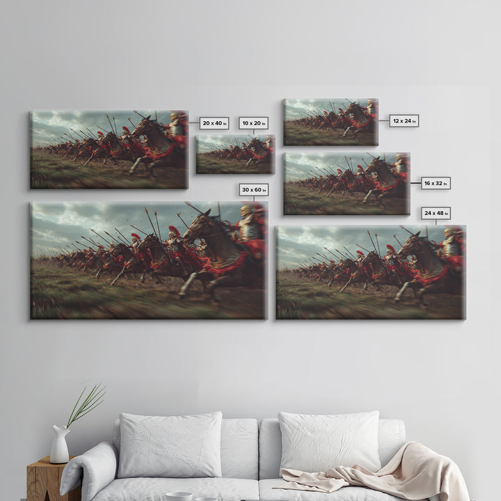 Ancient Cavalry Charge Across Battlefield Wall Art, Horse Racing Battle Canvas Print, Greek Warrior Decor, Dramatic History Poster
