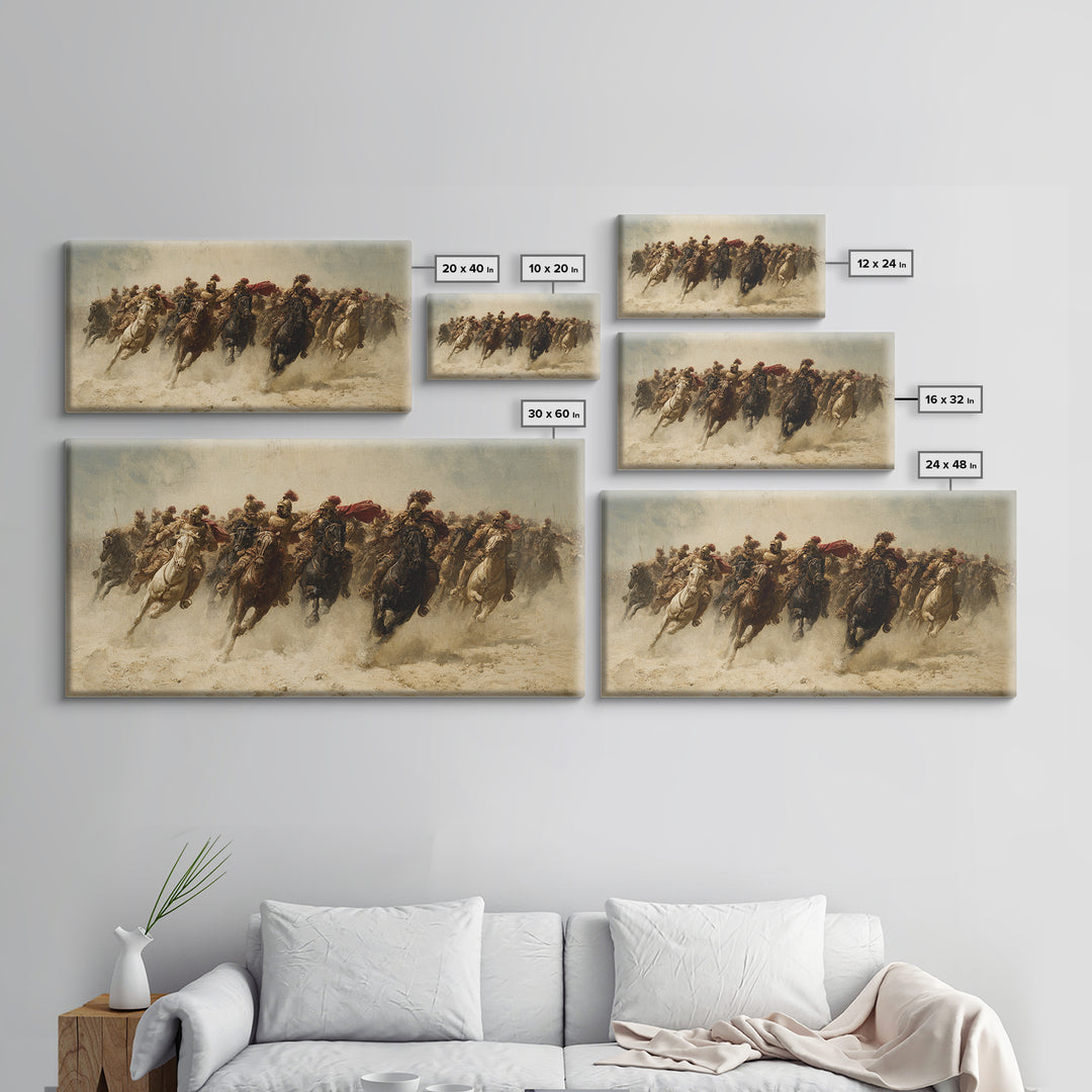 Charging Cavalry Across Dusty Plains Canvas Print, Equestrian Battle Wall Art, Western Horse Decor, Statement Living Room Art