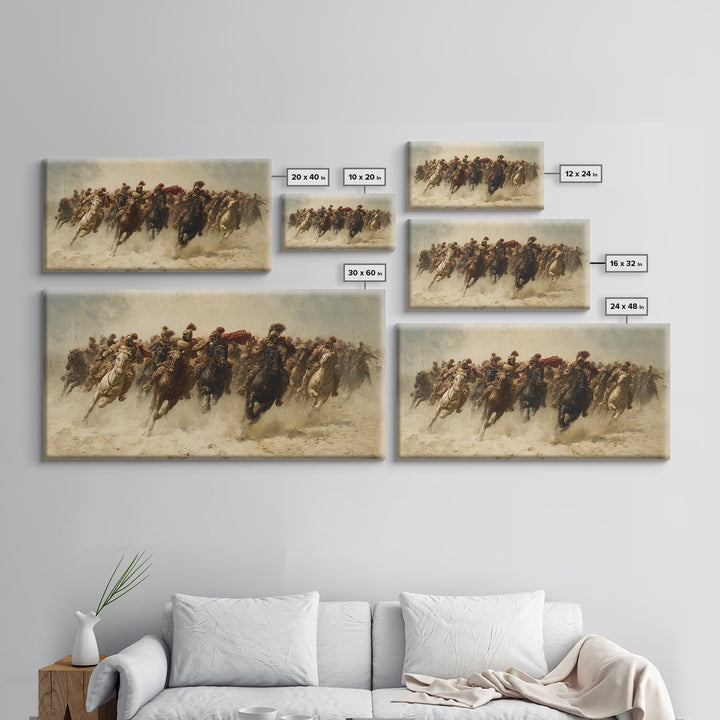 Charging Cavalry Across Dusty Plains Canvas Print, Equestrian Battle Wall Art, Western Horse Decor, Statement Living Room Art